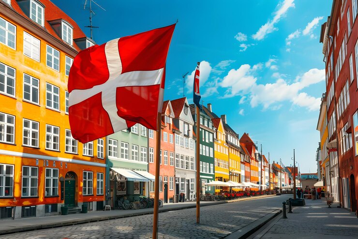 Las vibrantes calles de Copenhague con coloridos edificios y banderas danesas
