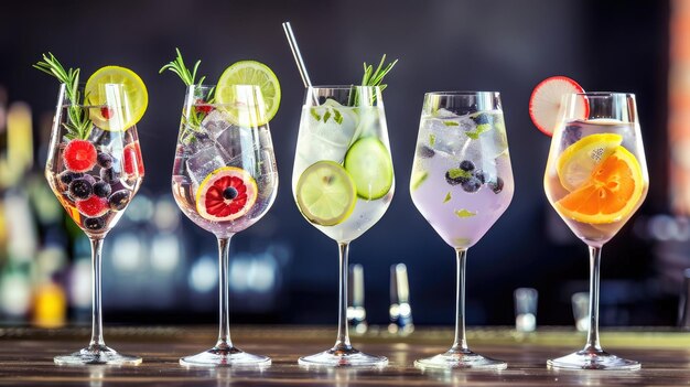 Vibrantes cócteles de gin tonic en copas de vino alineados en el mostrador de la barra en un pub o restaurante