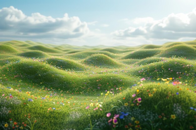 Vibrantes colinas verdes cubiertas de una variedad de flores bajo un cielo azul con nubes blancas