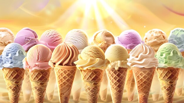 vibrantes conos de helado artesanales que brillan bajo el cálido sol de verano