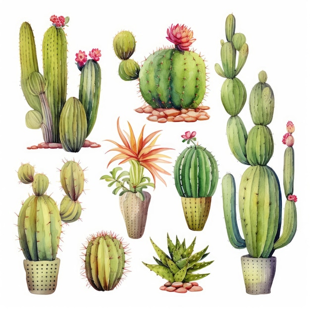 Vibrantes delicias del desierto Colección de imágenes prediseñadas de cactus en acuarela