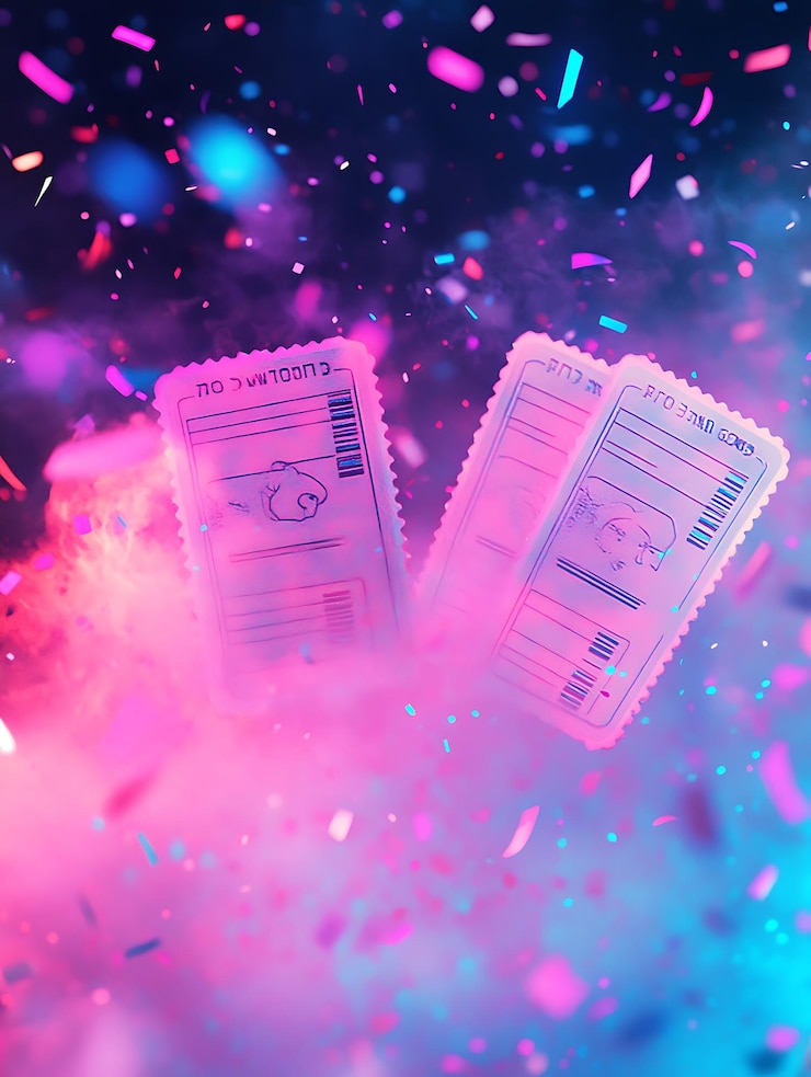 Foto vibrantes entradas para conciertos rodeadas de coloridos confeti