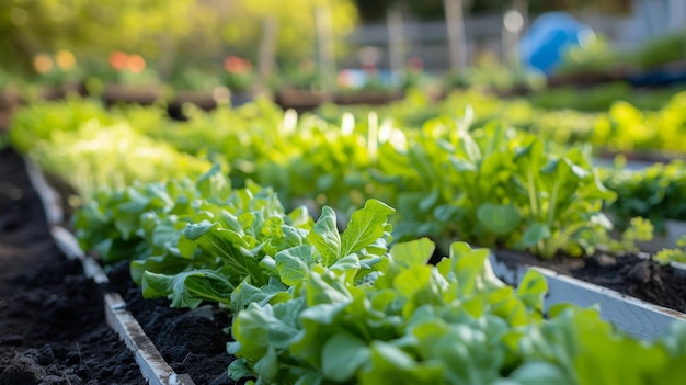 Vibrantes filas de hojas verdes floreciendo en un jardín comunitario bajo la luz dorada del sol