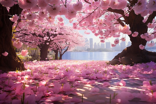 Las vibrantes flores de cerezo en plena floración contra un cielo azul