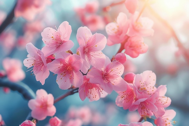 Las vibrantes flores de cerezo rosadas en plena floración bajo la suave luz de la primavera