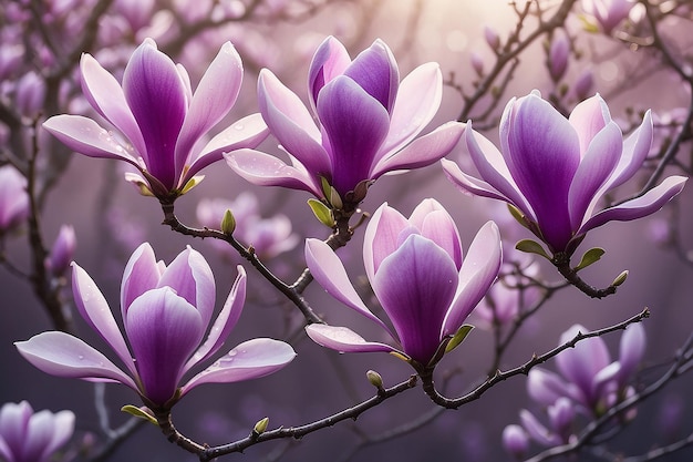 Foto vibrantes flores de magnólia roxa em luz matinal de orvalho ia geradora