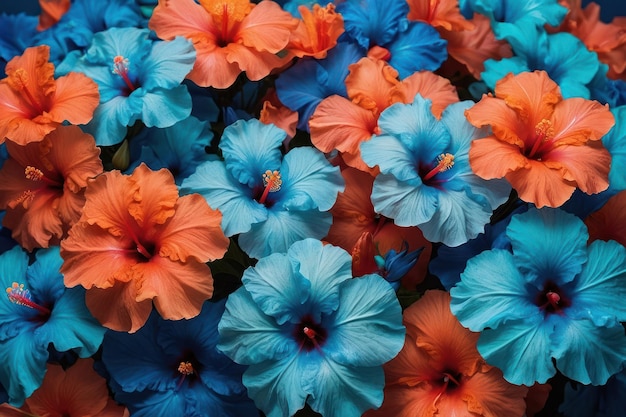 Las vibrantes flores de hibisco azules y naranjas