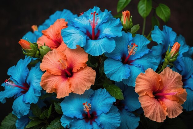 Foto las vibrantes flores de hibisco azules y naranjas