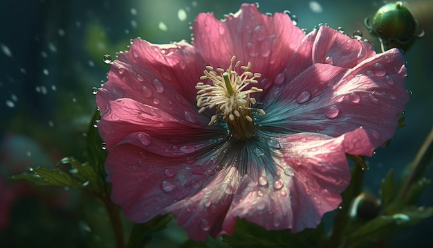 Vibrantes flores de hibisco en un jardín formal mojado con gotas de lluvia generadas por inteligencia artificial