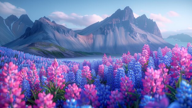 Las vibrantes flores de lupino contra los majestuosos picos de las montañas en el promontorio de Stokksnes