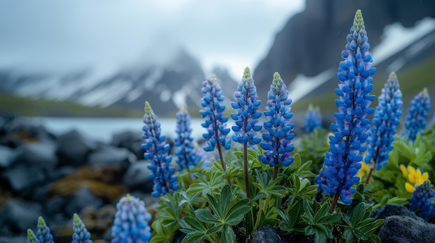 Foto las vibrantes flores de lupino florecen contra un telón de fondo de montaña brumosa en stokksnes, islandia