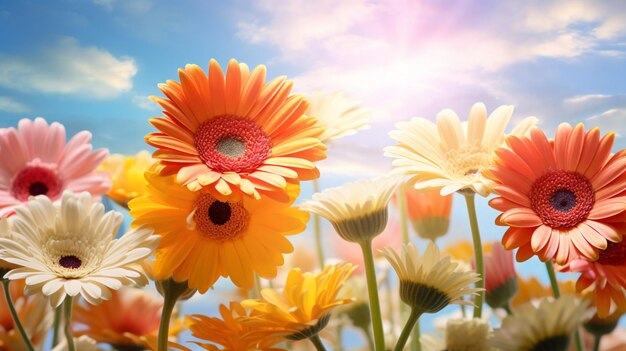 vibrantes flores de margaritas gerberas en una tranquila pradera bajo