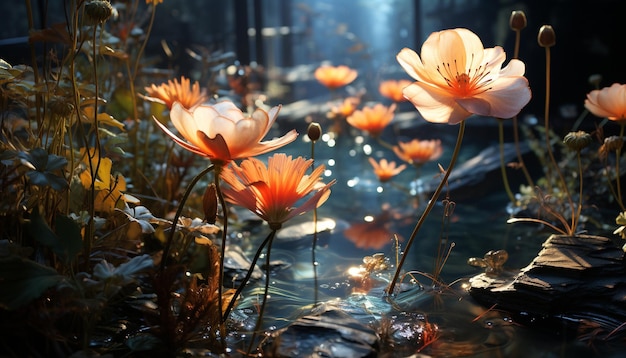 Vibrantes flores silvestres florecen en una tranquila pradera al atardecer generadas por inteligencia artificial