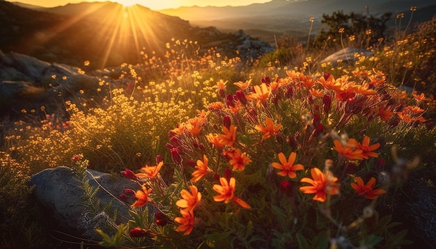 Vibrantes flores silvestres florecen en una tranquila pradera generada por IA