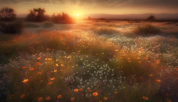 Vibrantes flores silvestres florecen en un tranquilo paisaje de pradera generado por IA