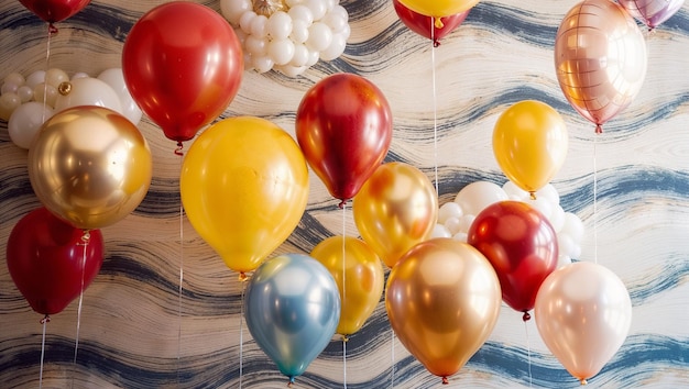 Vibrantes globos llenos de helio suspendidos en el aire fotografiados contra un hipnótico muro abstracto