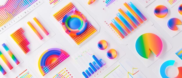 Vibrantes gráficos 3D en colores vívidos ilustran la visualización de datos que muestran información compleja con claridad y estilo