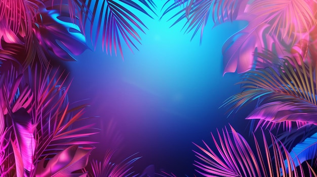 Vibrantes hojas de palma tropicales de color neón con un fondo azul brillante que crea un moderno exótico
