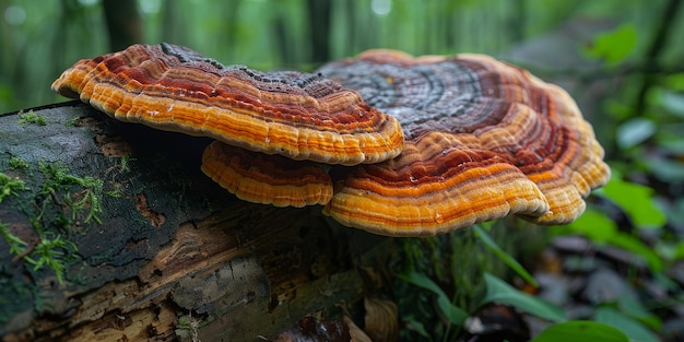 Foto los vibrantes hongos ganoderma en un tronco en descomposición