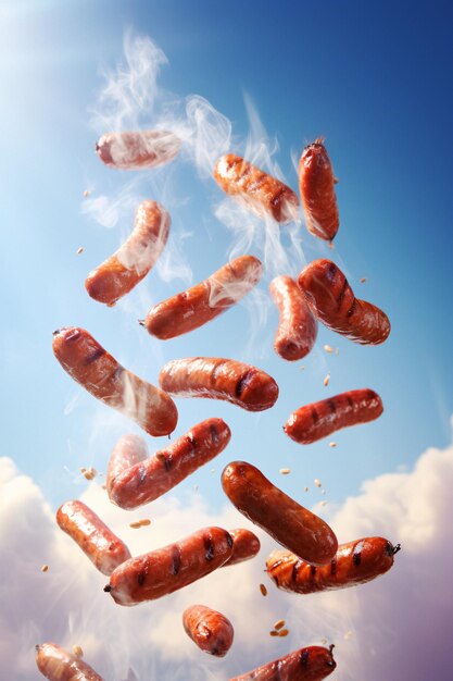 Vibrantes hot dogs volando por el aire con caprichosas estelas de humo IA generativa