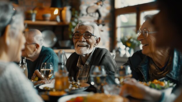 Vibrantes idosos aposentados desfrutando de conversas animadas e refeições saudáveis juntos