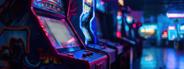 Las vibrantes máquinas de arcade se alinean brillando con luces de neón listas para los jugadores