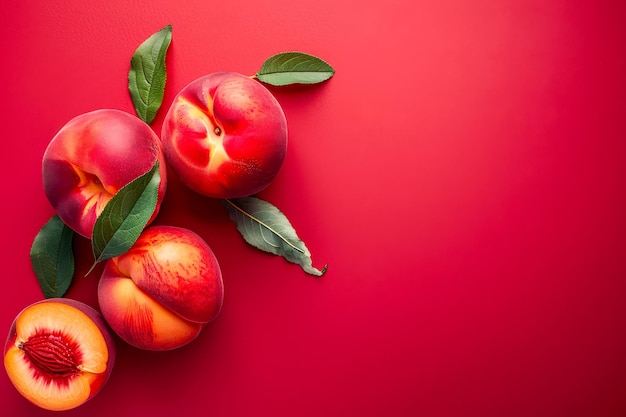 Vibrantes melocotones frescos en fondo rojo para el concepto de alimentación saludable