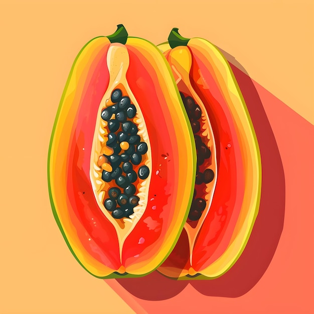 Foto vibrantes mitades de papaya con semillas ilustración generada por ai