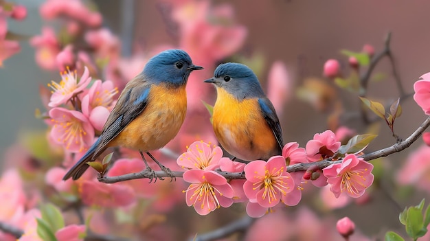 Los vibrantes pájaros azules y naranjas se alzan en las ramas en flor en primavera