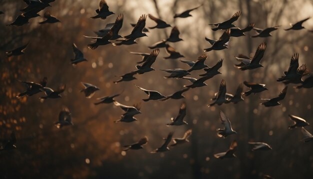 Vibrantes patrones de alas de animales en el aire volando hacia la puesta de sol generados por inteligencia artificial