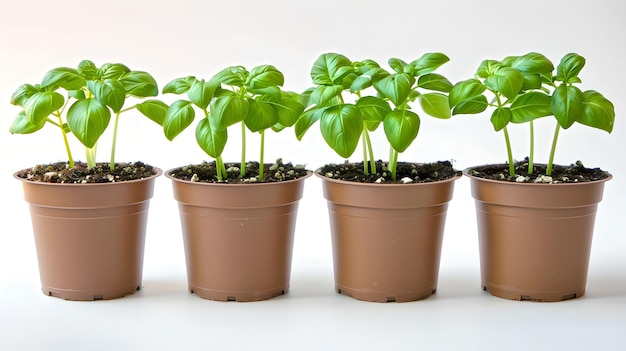 Vibrantes plantas de albahaca verde que crecen en ollas marrones Jardinería doméstica Perfecta para usos culinarios y decoración de hierbas Crecimiento fresco y orgánico AI