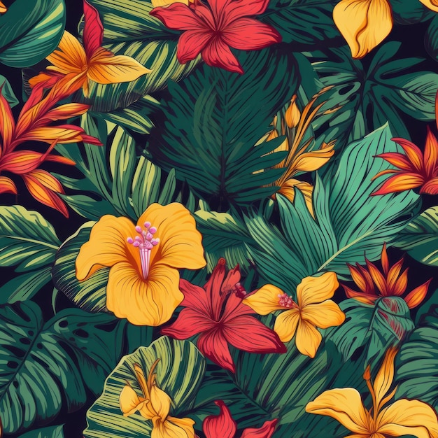Vibrantes plantas tropicales y flores de patrones sin fisuras