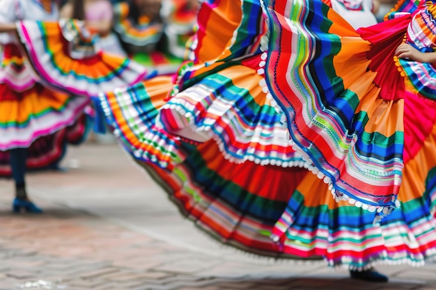 Foto vibrantes remolinos de faldas tradicionales mexicanas durante un baile festivo