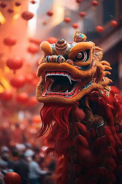 Foto los vibrantes rojos y dorados de una actuación tradicional de danza del dragón en el año nuevo chino