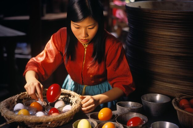 Foto vibrantes tradiciones: celebración del teñido de huevos de pascua de una mujer asiática