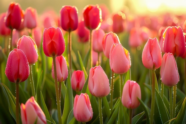 Foto los vibrantes tulipanes rosados bañados en la luz dorada del sol en una serena mañana de primavera en un jardín exuberante