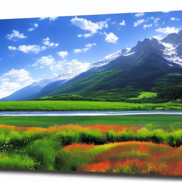Foto vibrantes valles montañas cubiertas de nieve con vistas a campos de flores silvestres bajo un cielo azul