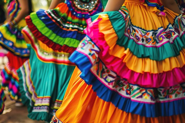 Vibrantes vestidos tradicionales se balancean durante una danza cultural