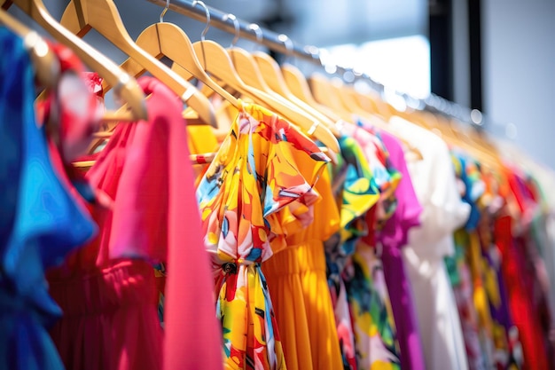 Vibrantes vestidos de verano colgando en la tienda de cerca