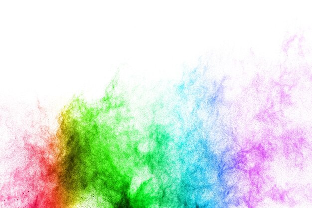 Foto vibrierende farbpulverexplosion auf weißem hintergrund.