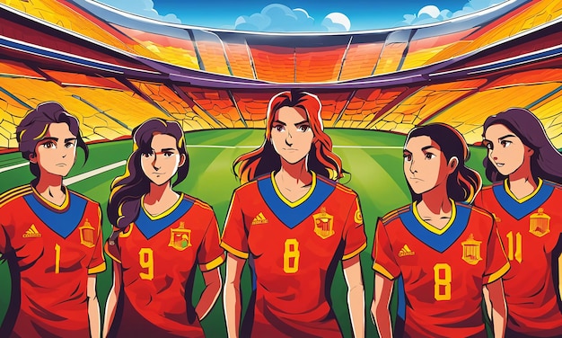 La victoria del equipo nacional de fútbol femenino de España Niñas jugando al fútbol al estilo de anime de dibujos animados