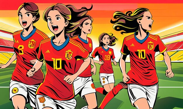 La victoria del equipo nacional de fútbol femenino de España Niñas jugando al fútbol al estilo de anime de dibujos animados