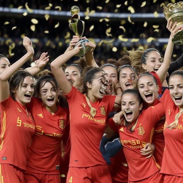 Foto la victoria para la selección nacional de fútbol femenino de españa la felicidad y la celebración de los jugadores de fútbol elevan t