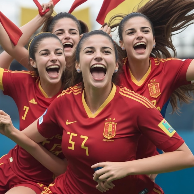 Foto la victoria para la selección nacional de fútbol femenino de españa la felicidad y la celebración de los jugadores de fútbol elevan t