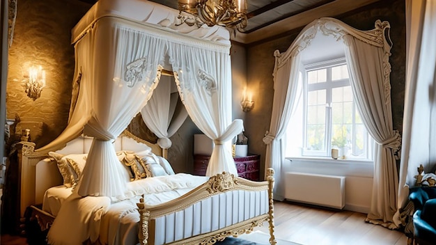 Victorian-inspiriertes Luxushotel-Schlafzimmerdekor mit Baldachin, Bett, Spitzenvorhängen und antiken Möbeln