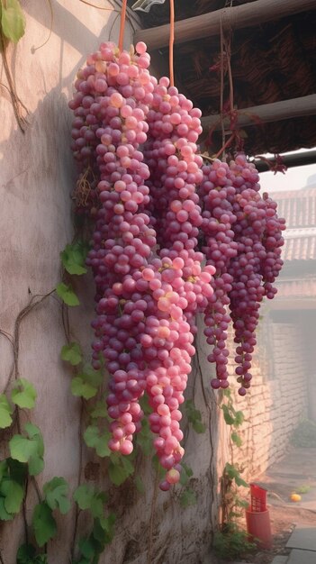 Una vid de uva cuelga de una pared en un jardín.