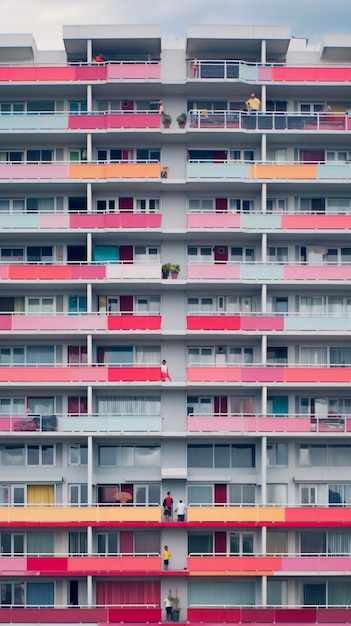 Vida agitada em um prédio residencial alto, vista frontal da IA generativa