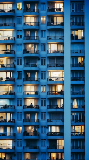 Vida agitada em um prédio residencial alto, vista frontal da IA generativa
