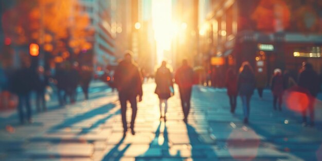 Vida en la ciudad en movimiento Figuras borrosas pasean por calles iluminadas por el sol