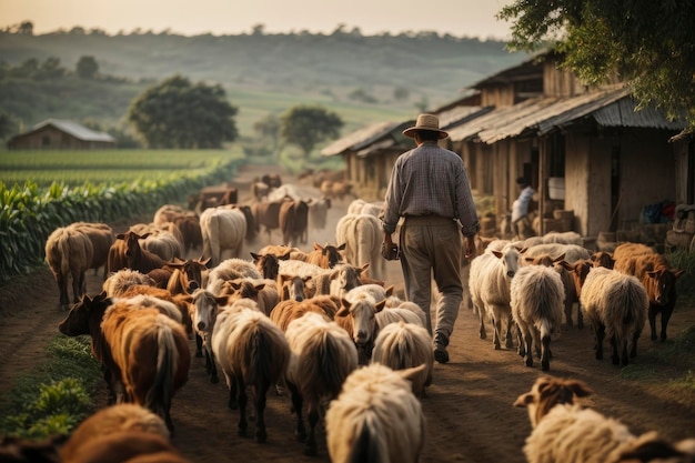 La vida diaria de un agricultor en el pueblo, desde cuidar los cultivos hasta alimentar a los animales.